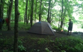 clothes drying, new tent, wet campfire, nice view